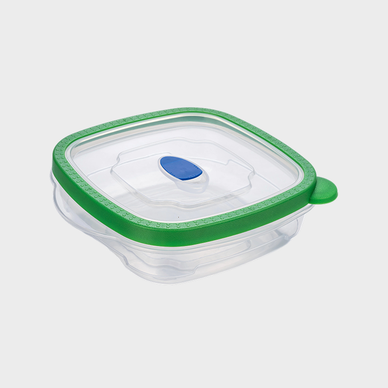 PFB027 710ml Wide-Base Shallow Square PP Food Preservation Container na may Vented Green Overmolded Lid