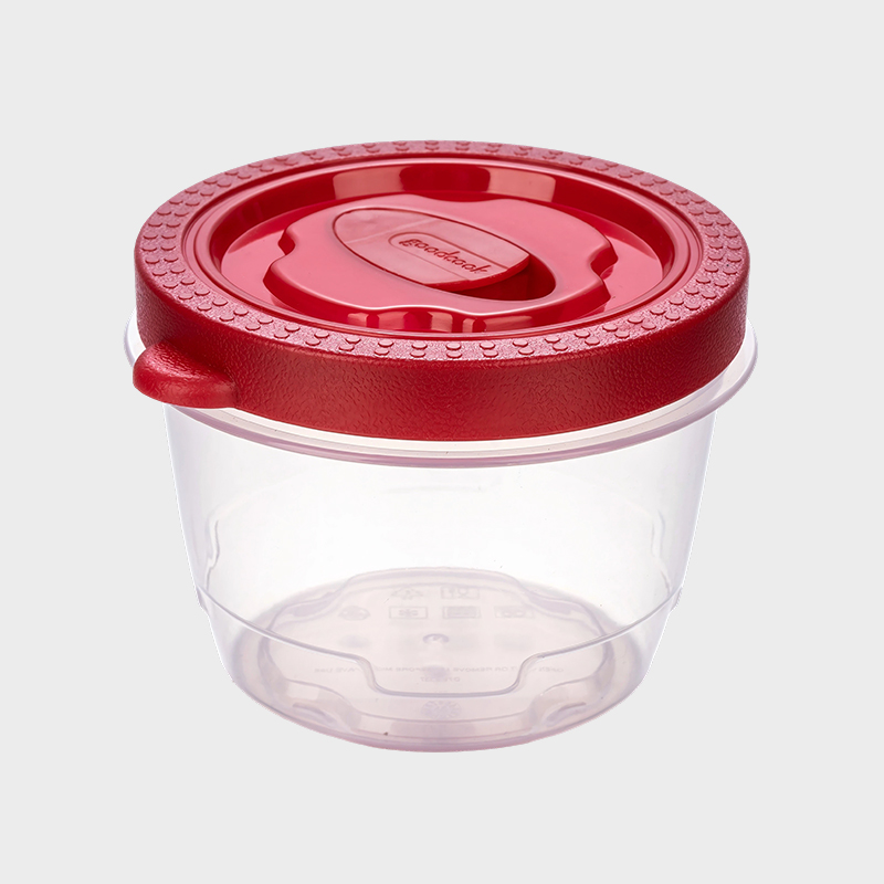 PFB052 360ml Cylindrical PP Food Preservation Container na may Vented Red Overmolded Lid